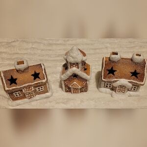 Set of 3 Iced, Flocked Gingerbread Decorative Houses W Battery Operated Lights